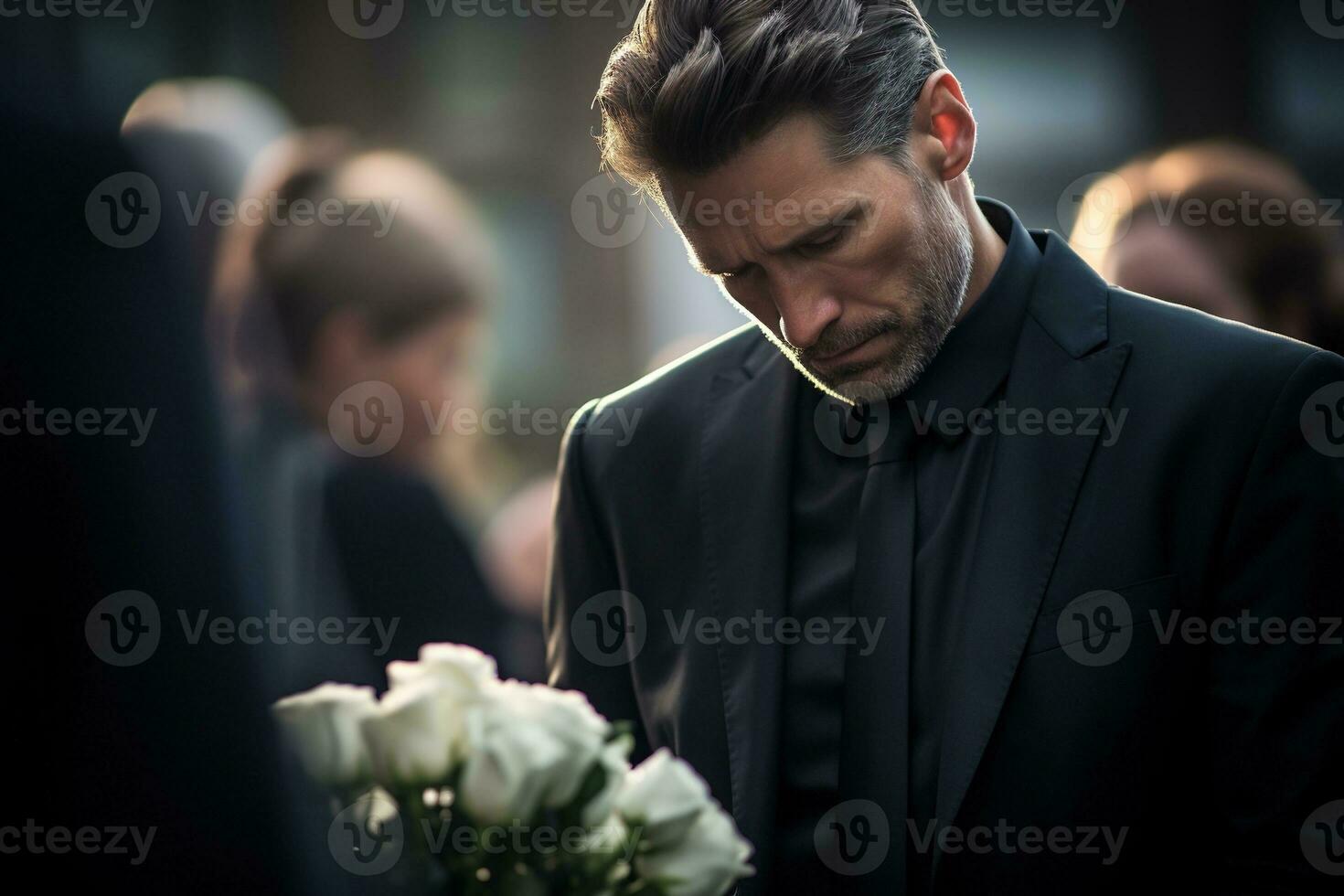 closeup shot of a senior man in front of a funeral bouquet AI generated photo