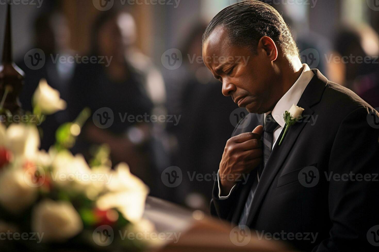 closeup shot of a senior man in front of a funeral bouquet AI generated photo