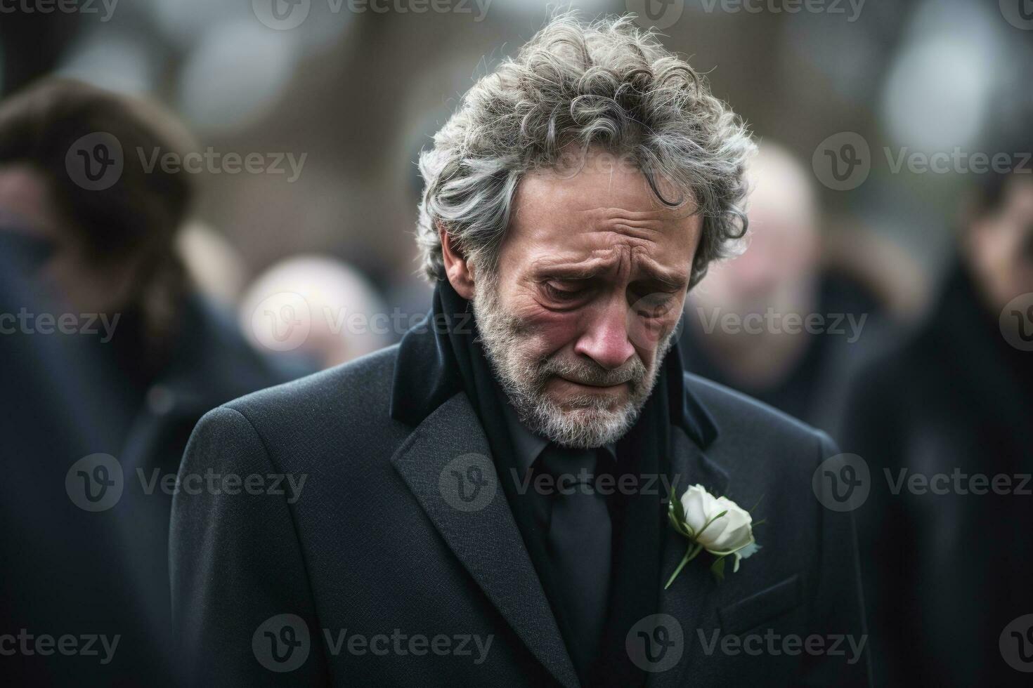closeup shot of a senior man in front of a funeral bouquet AI generated photo