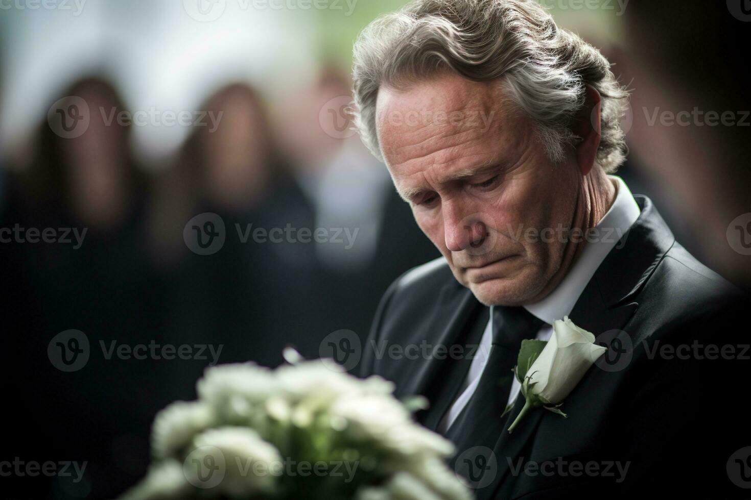 closeup shot of a senior man in front of a funeral bouquet AI generated photo