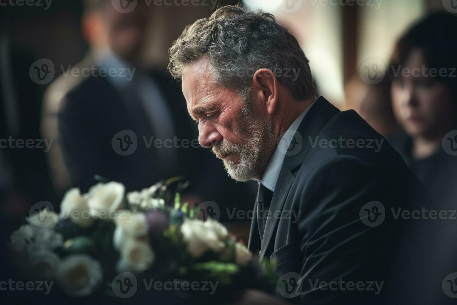 closeup shot of a senior man in front of a funeral bouquet AI generated photo
