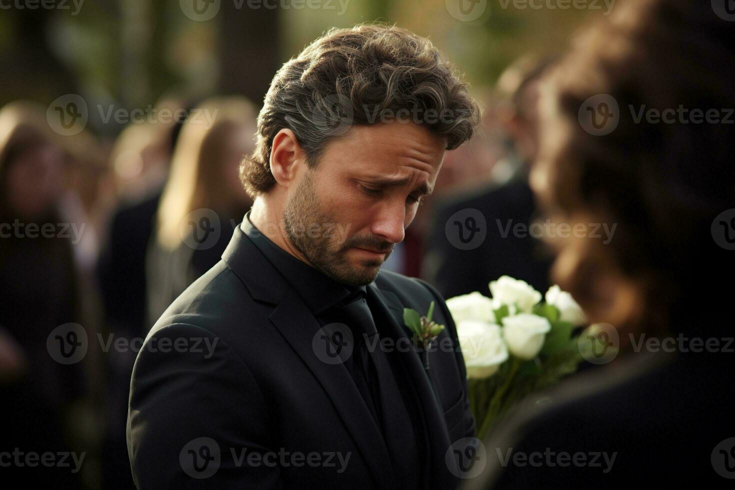 closeup shot of a senior man in front of a funeral bouquet AI generated photo