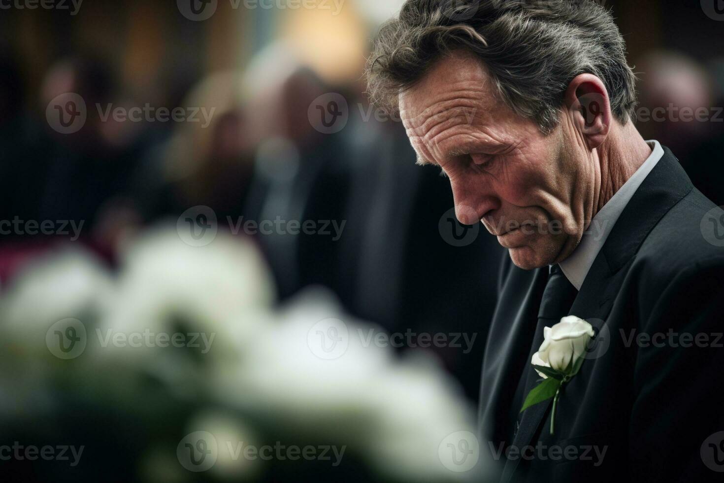 closeup shot of a senior man in front of a funeral bouquet AI generated photo