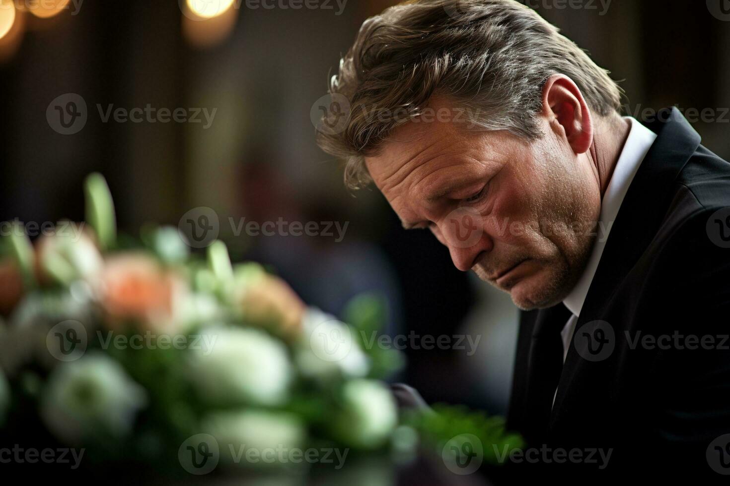closeup shot of a senior man in front of a funeral bouquet AI generated photo