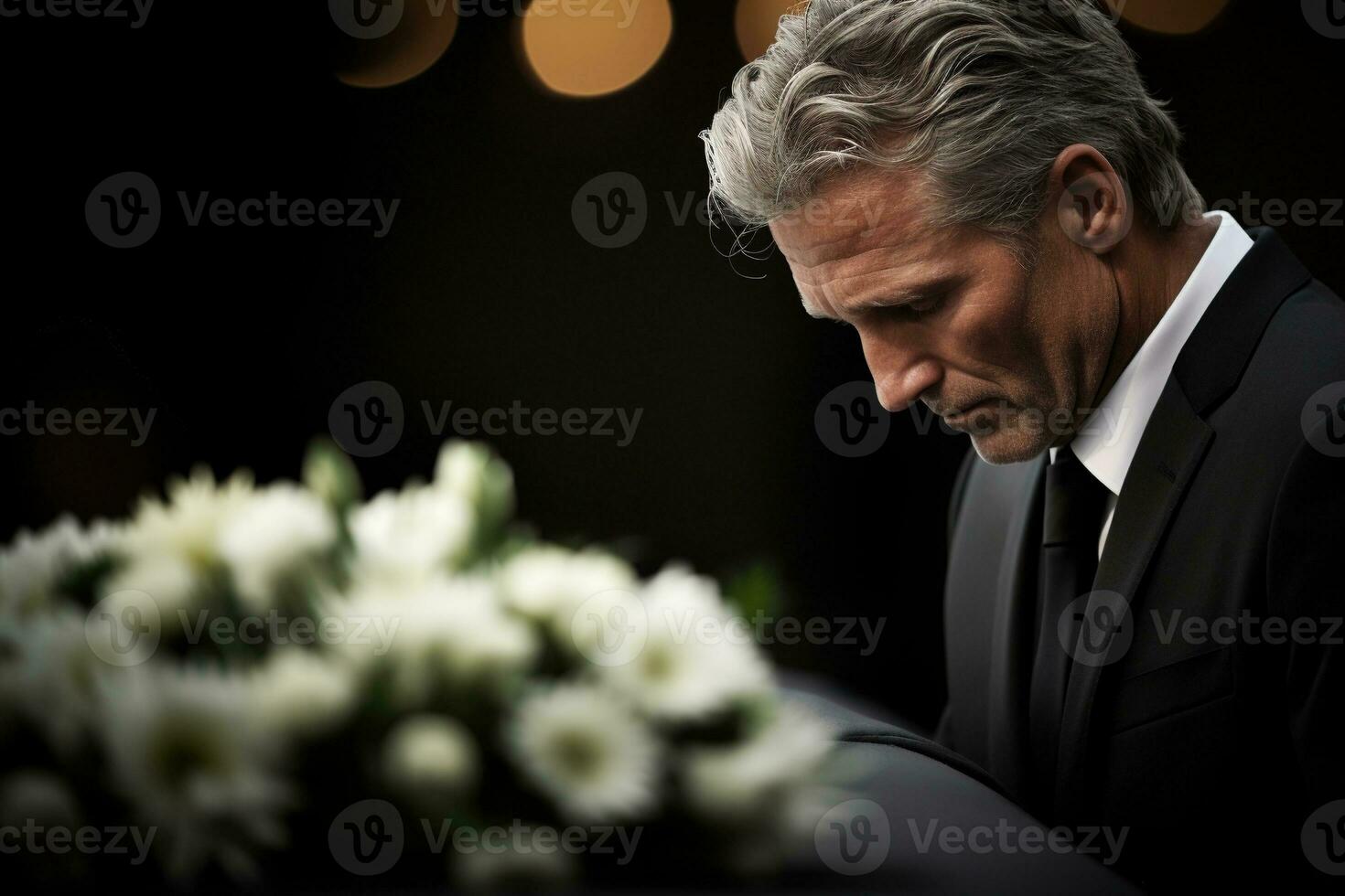 de cerca Disparo de un mayor hombre en frente de un funeral ramo de flores ai generado foto