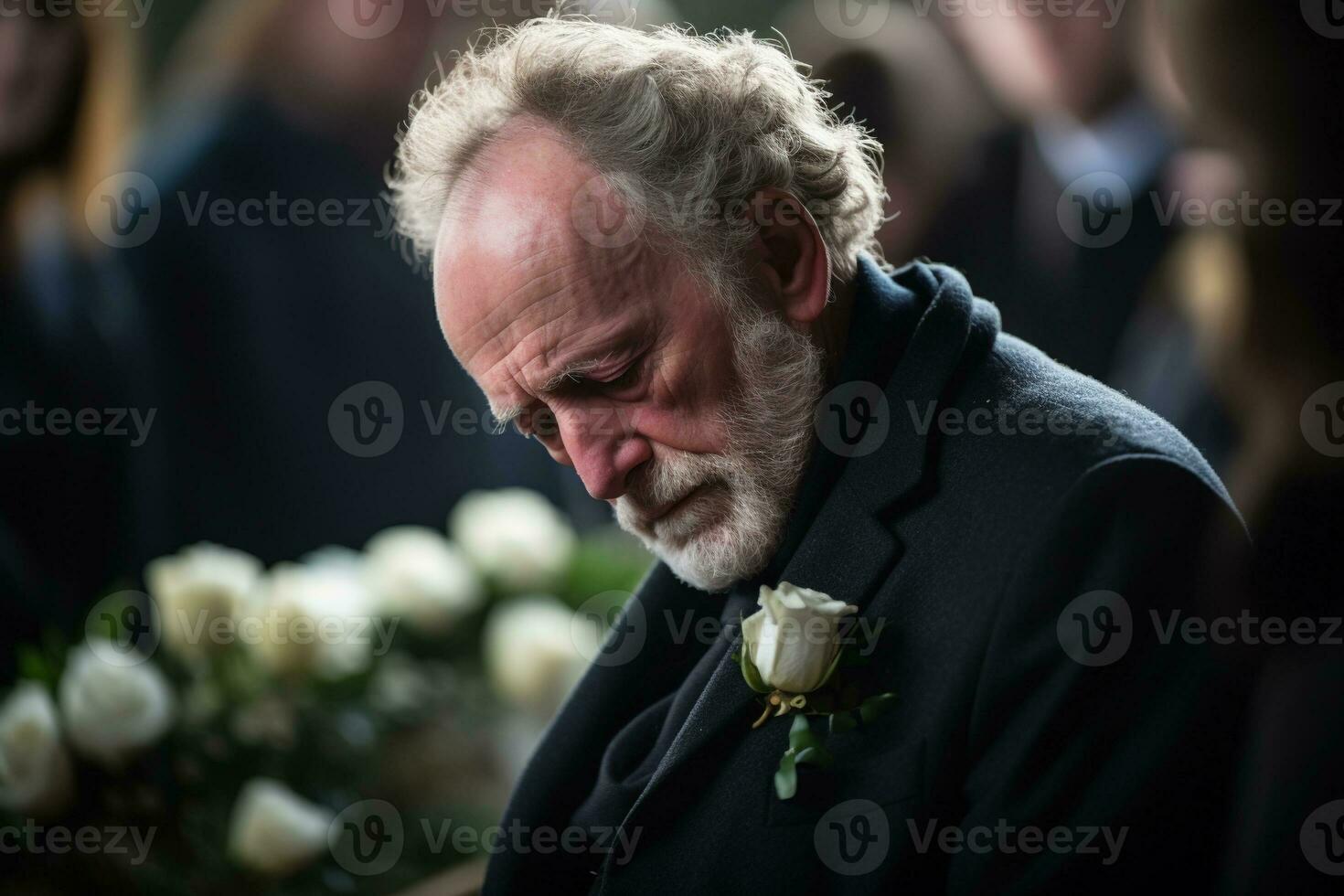 closeup shot of a senior man in front of a funeral bouquet AI generated photo
