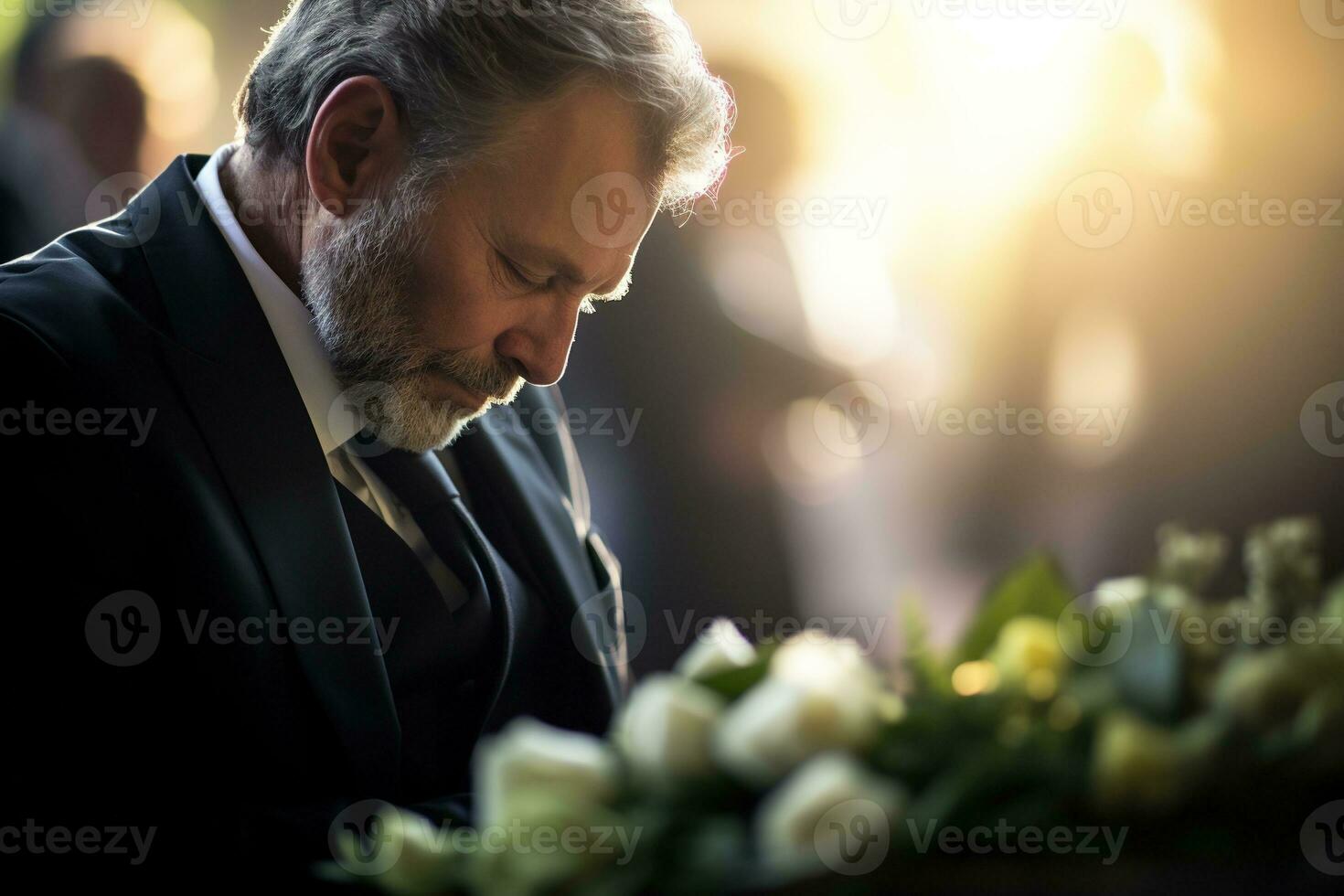 closeup shot of a senior man in front of a funeral bouquet AI generated photo