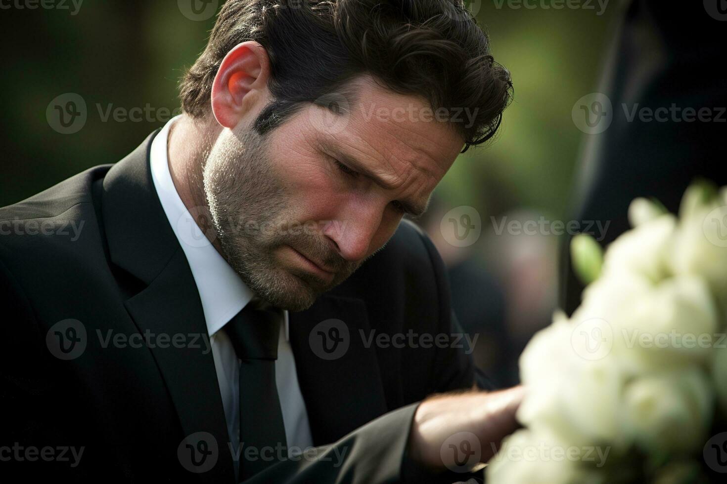 closeup shot of a senior man in front of a funeral bouquet AI generated photo