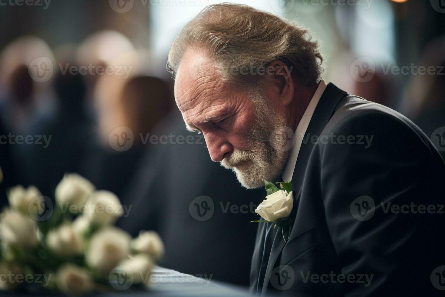 de cerca Disparo de un mayor hombre en frente de un funeral ramo de flores ai generado foto