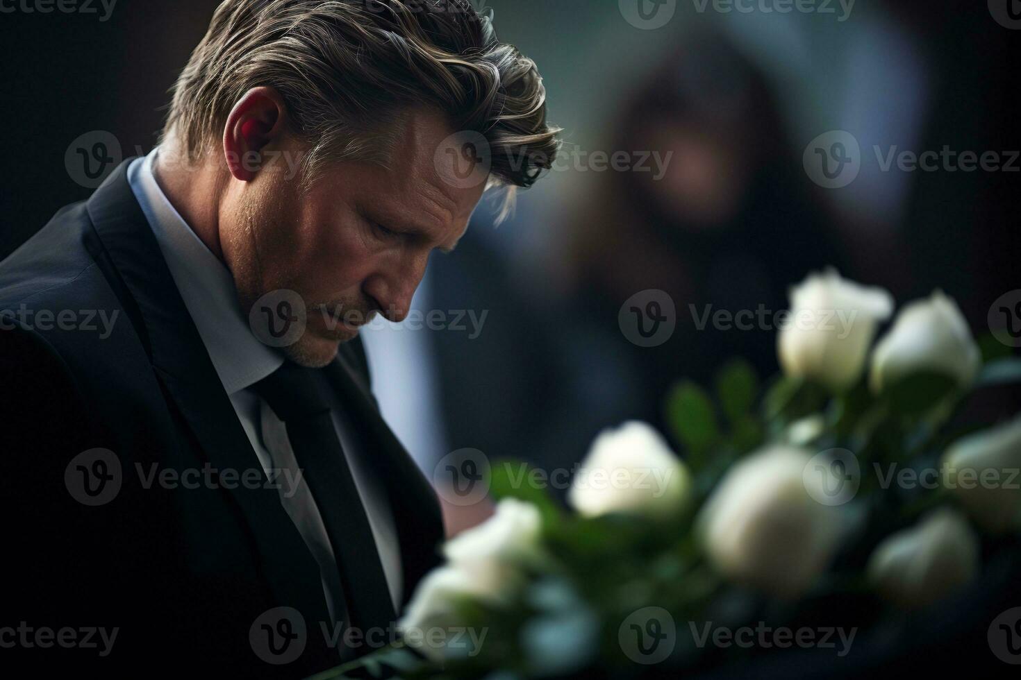 closeup shot of a senior man in front of a funeral bouquet AI generated photo