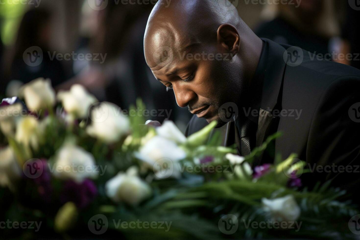 closeup shot of a senior man in front of a funeral bouquet AI generated photo