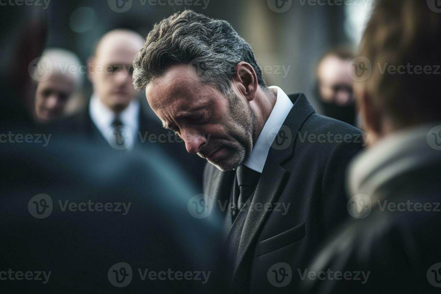 closeup shot of a senior man in front of a funeral bouquet AI generated photo