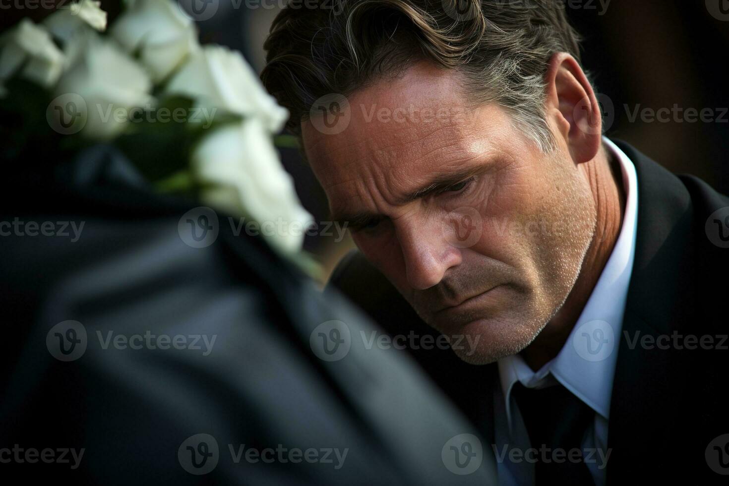 closeup shot of a senior man in front of a funeral bouquet AI generated photo
