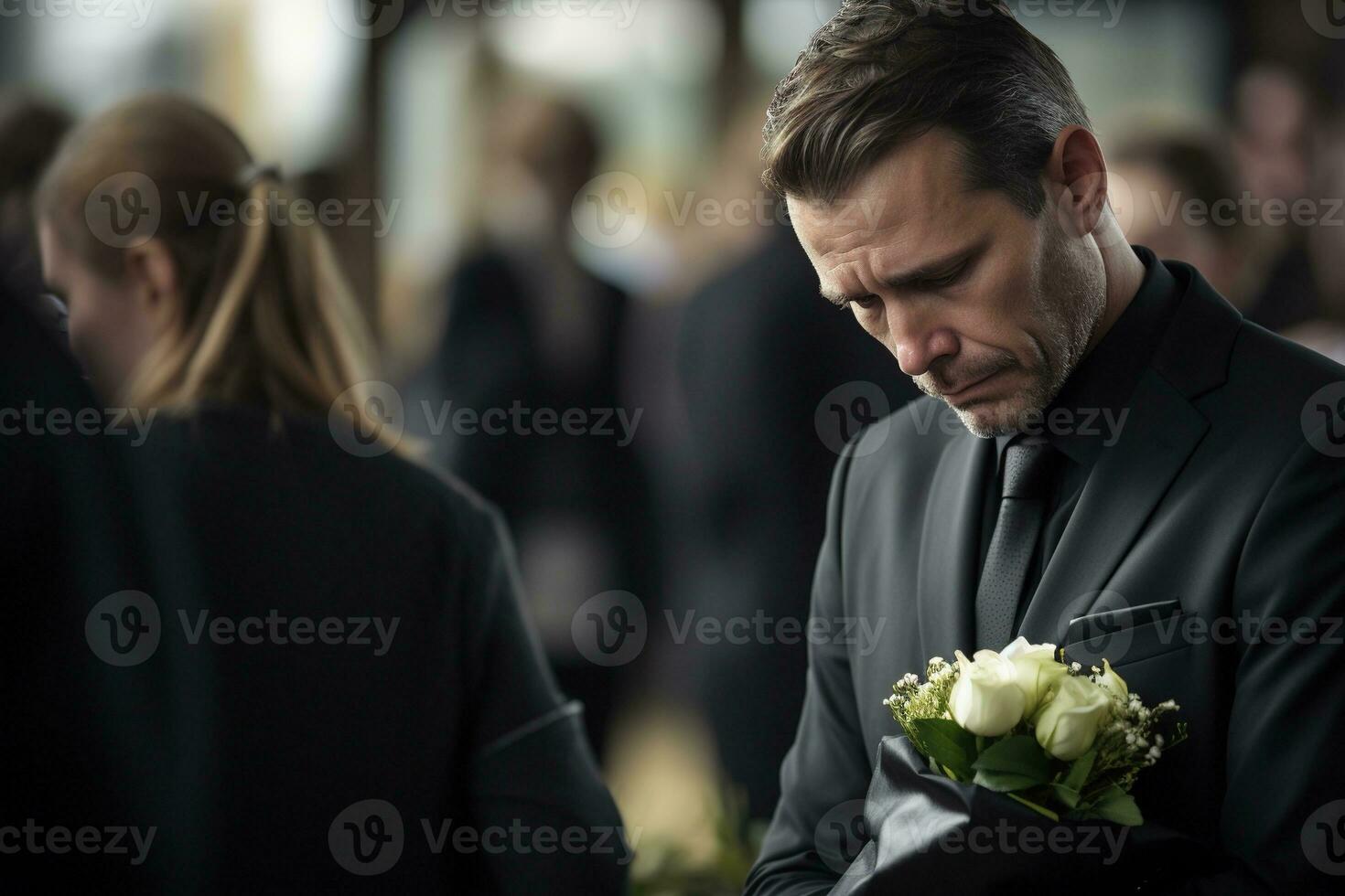 de cerca Disparo de un mayor hombre en frente de un funeral ramo de flores ai generado foto