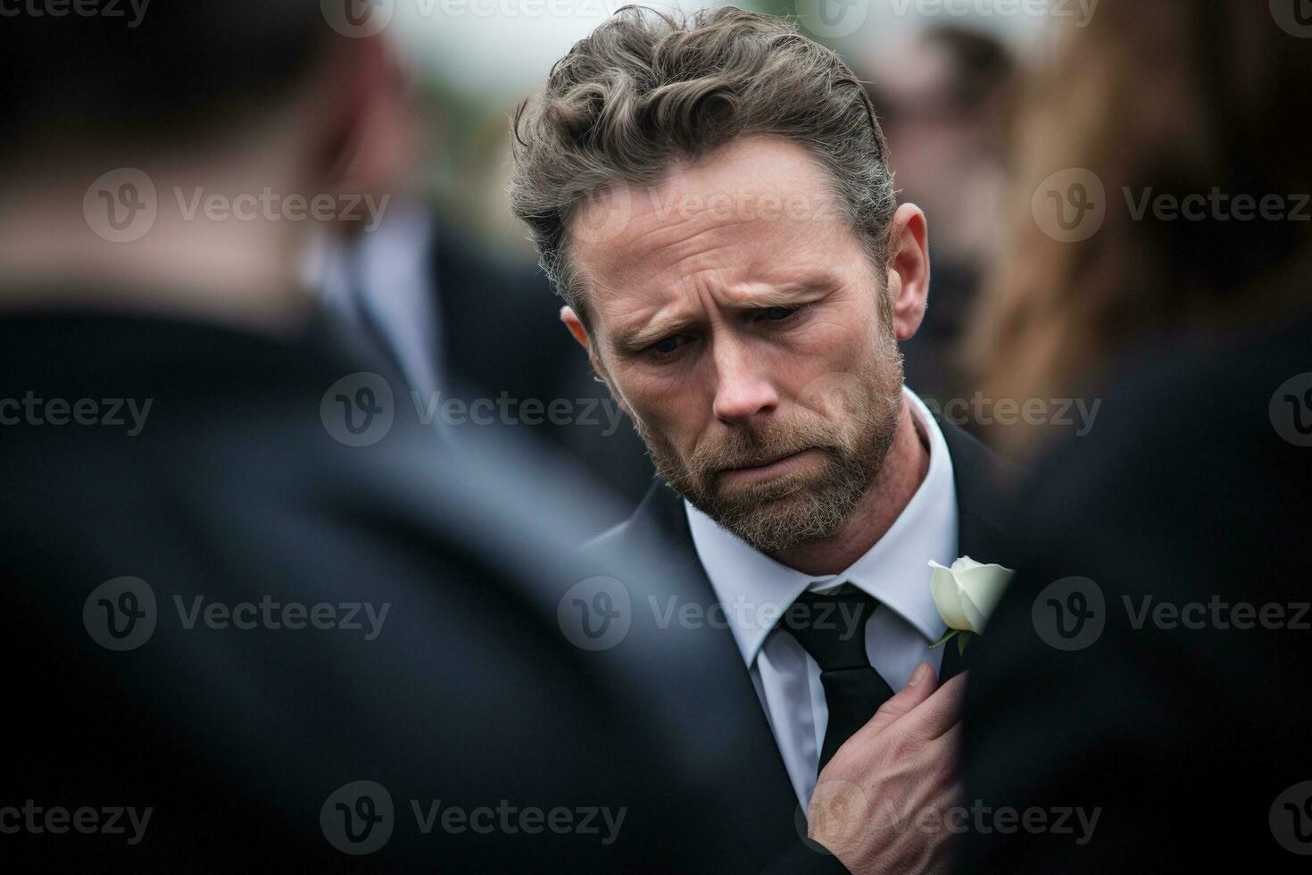 closeup shot of a senior man in front of a funeral bouquet AI generated photo