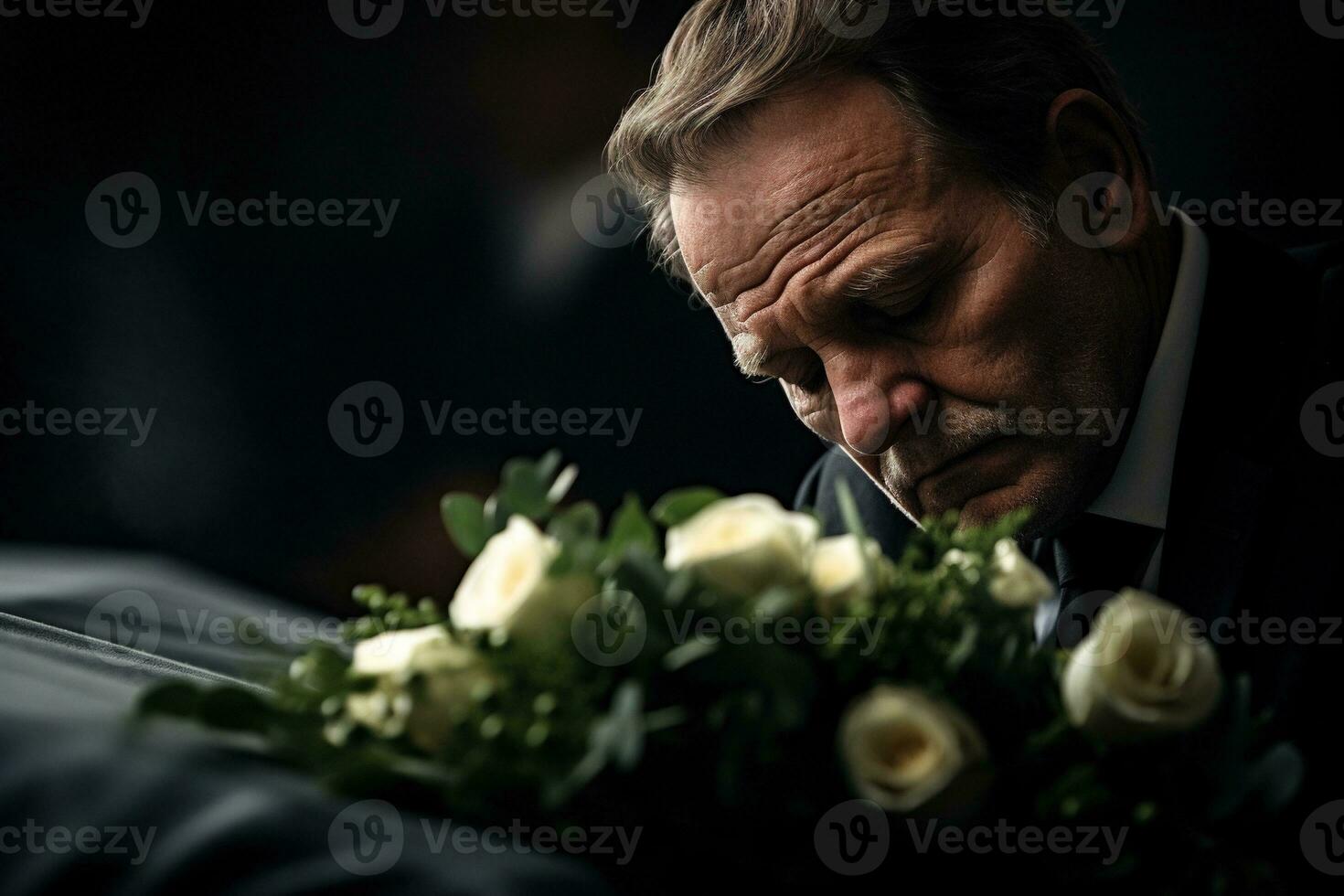 de cerca Disparo de un mayor hombre en frente de un funeral ramo de flores ai generado foto