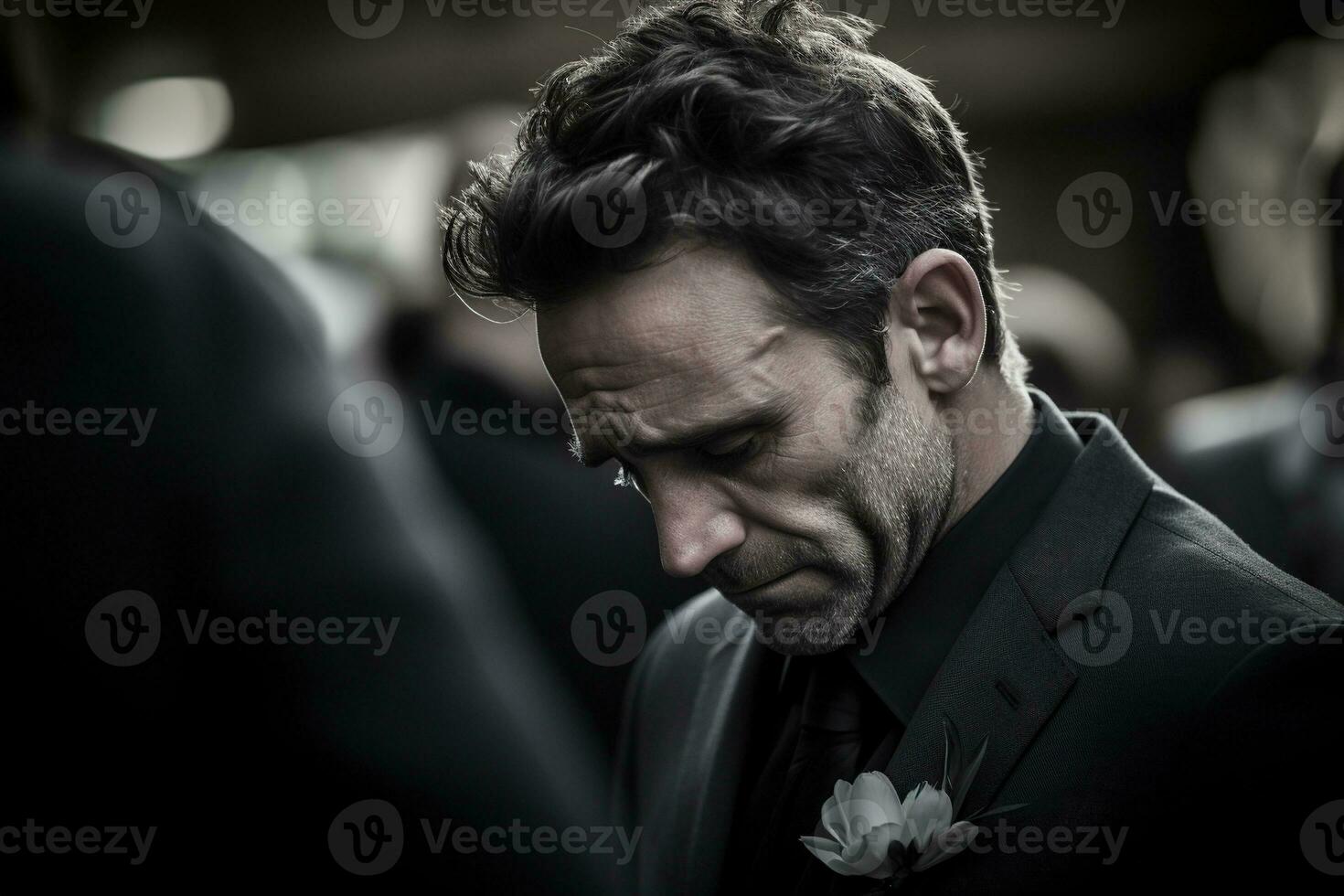 closeup shot of a senior man in front of a funeral bouquet AI generated photo