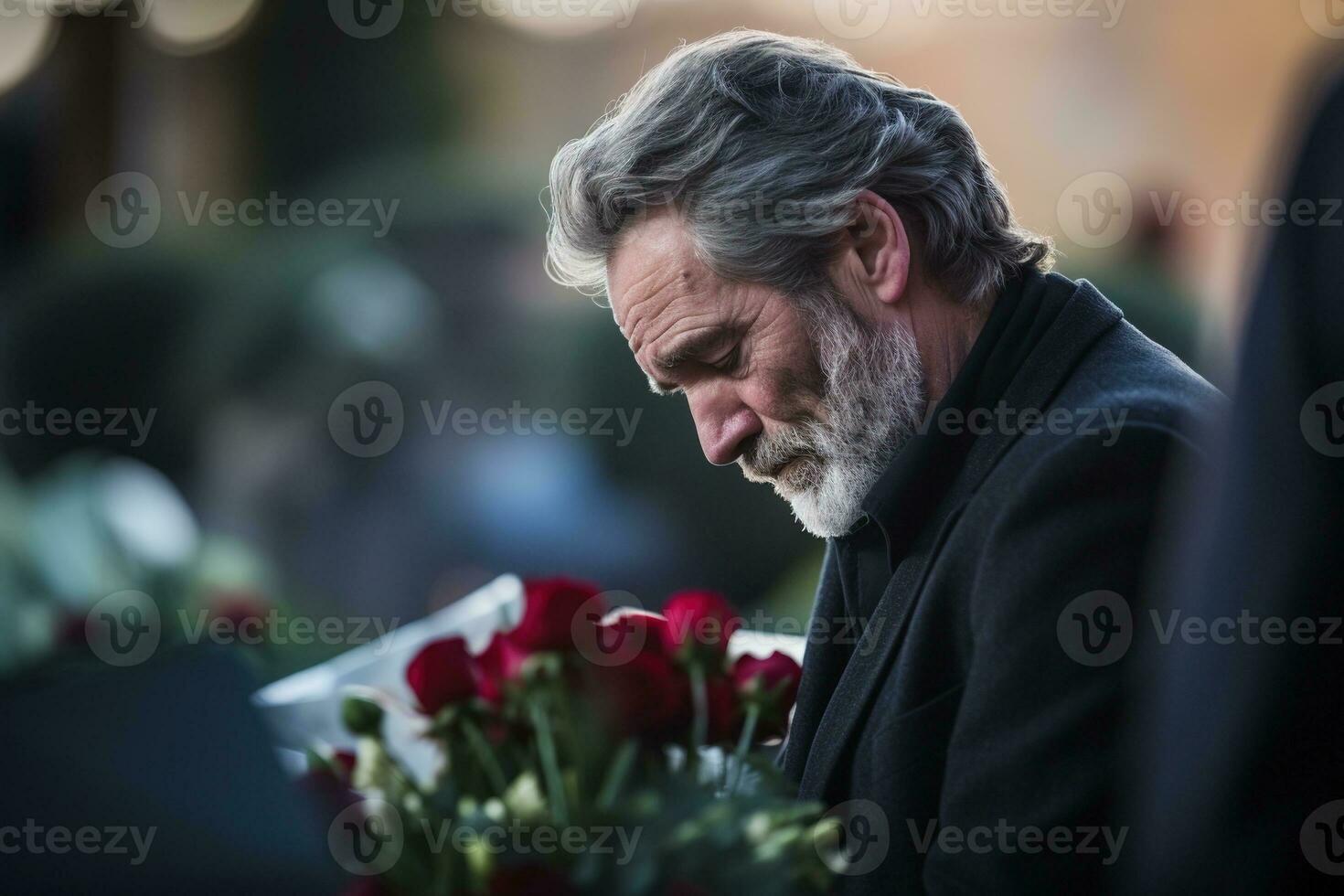 closeup shot of a senior man in front of a funeral bouquet AI generated photo