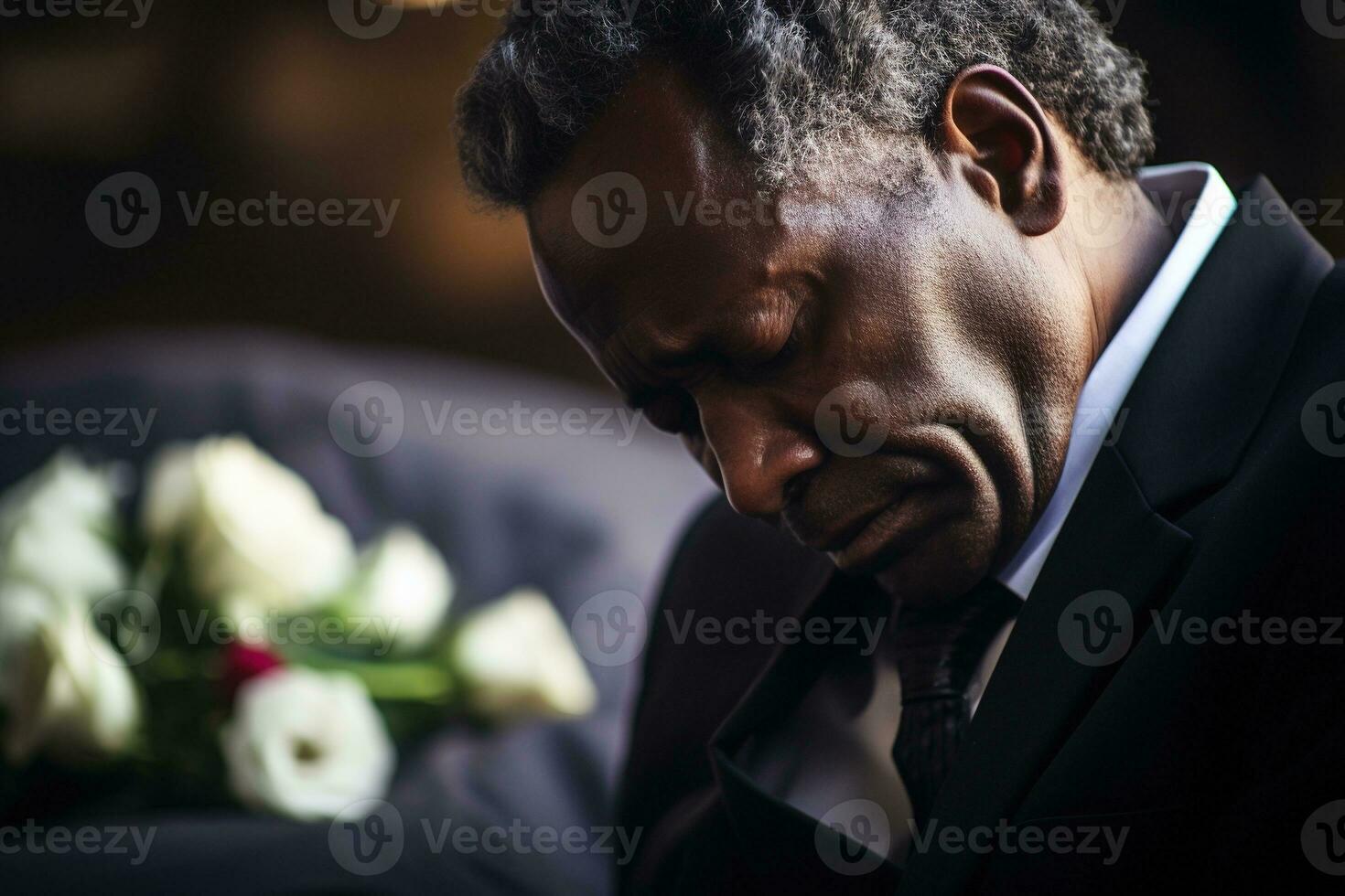 closeup shot of a senior man in front of a funeral bouquet AI generated photo