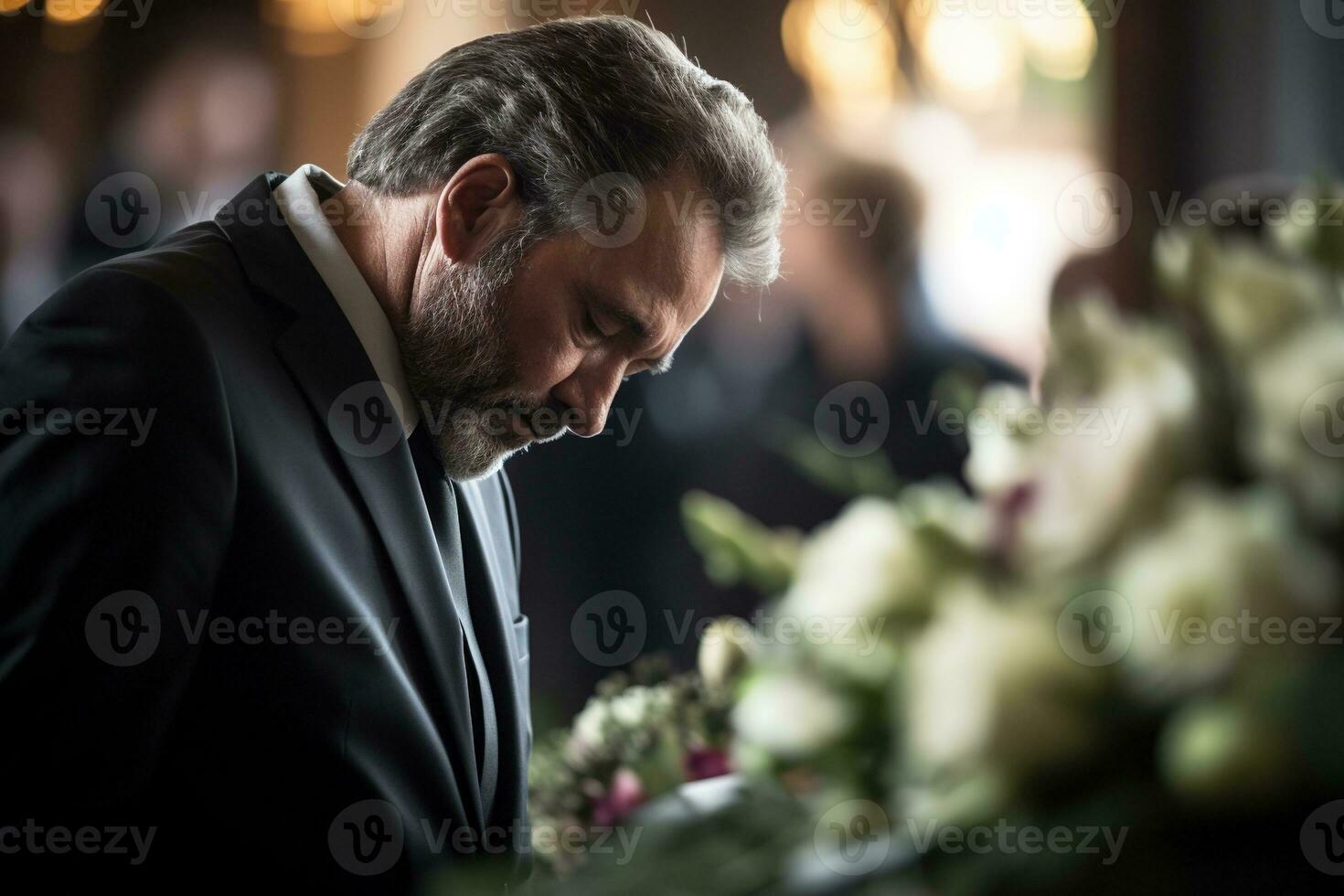 closeup shot of a senior man in front of a funeral bouquet AI generated photo