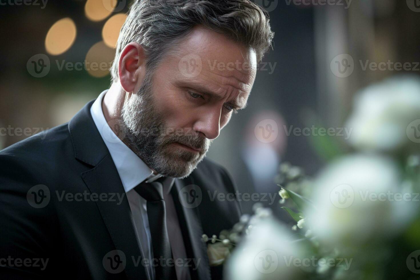 closeup shot of a senior man in front of a funeral bouquet AI generated photo