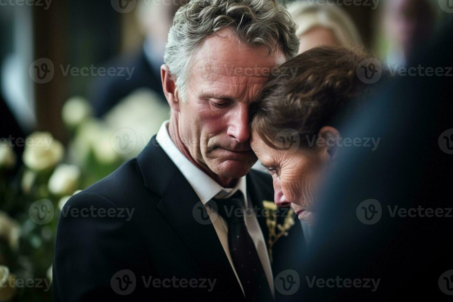 closeup shot of a senior man in front of a funeral bouquet AI generated photo