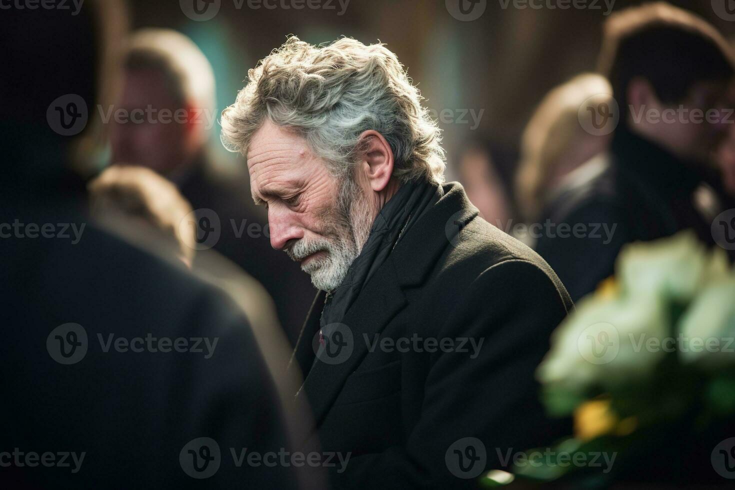 closeup shot of a senior man in front of a funeral bouquet AI generated photo