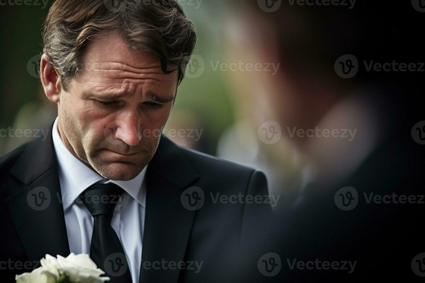 closeup shot of a senior man in front of a funeral bouquet AI generated photo