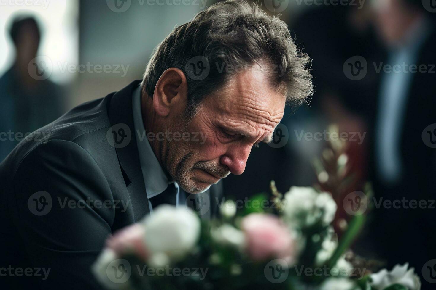 closeup shot of a senior man in front of a funeral bouquet AI generated photo