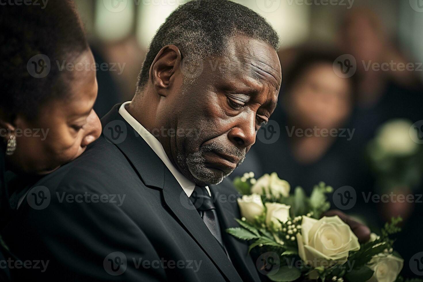 closeup shot of a senior man in front of a funeral bouquet AI generated photo