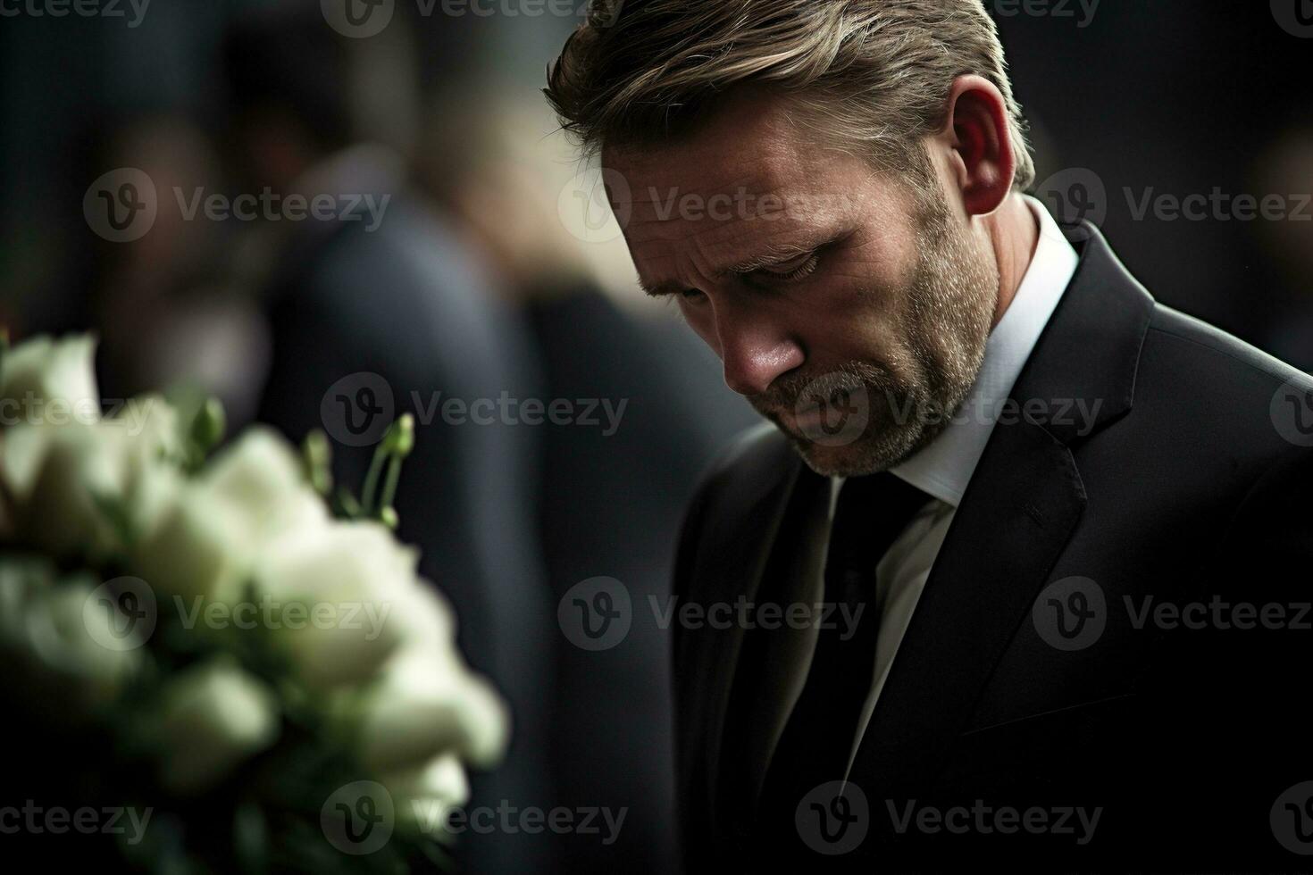 closeup shot of a senior man in front of a funeral bouquet AI generated photo