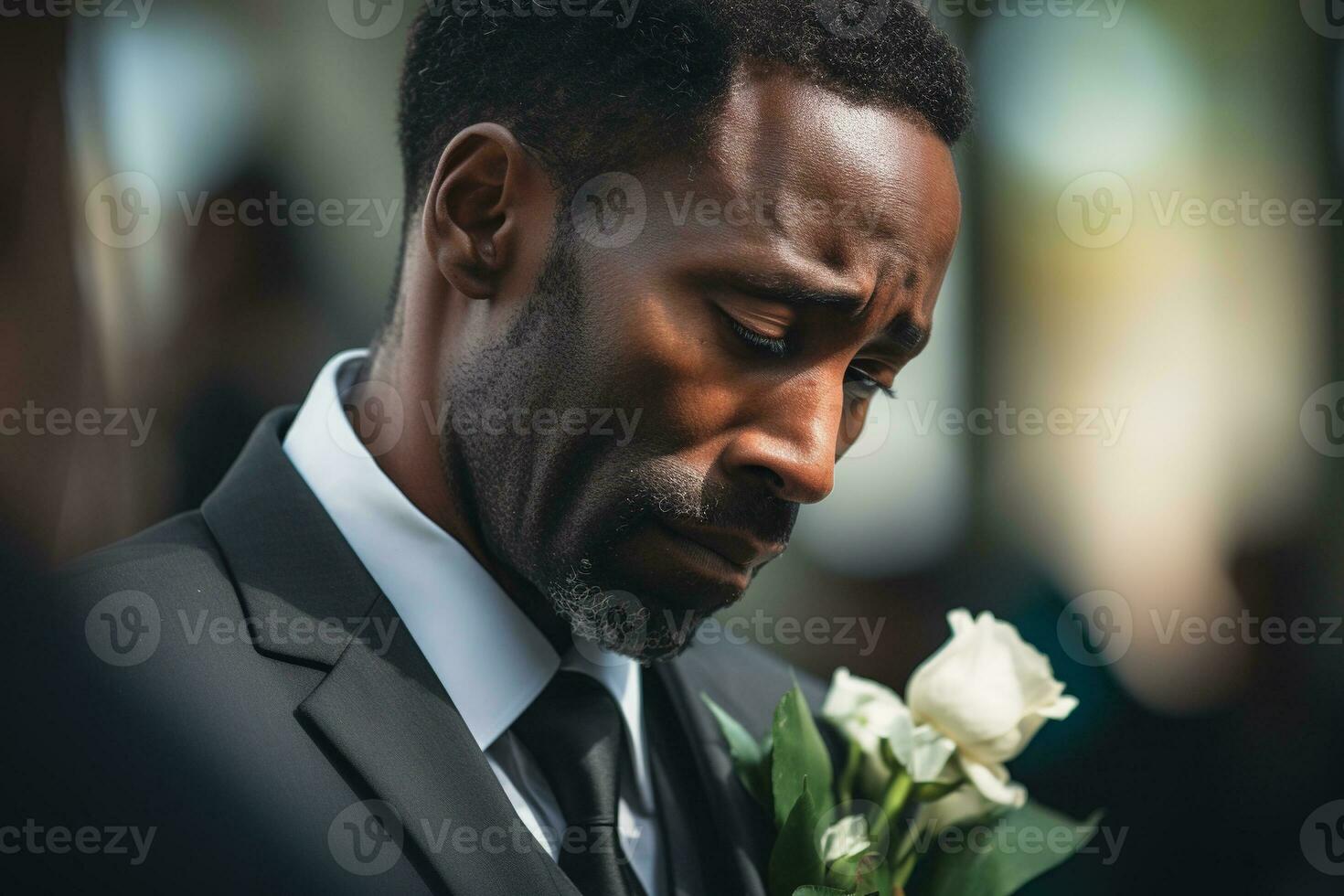 closeup shot of a senior man in front of a funeral bouquet AI generated photo