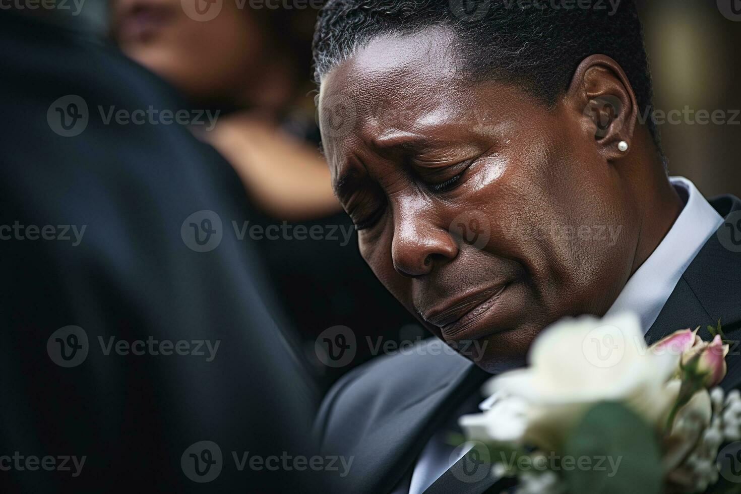 closeup shot of a senior man in front of a funeral bouquet AI generated photo