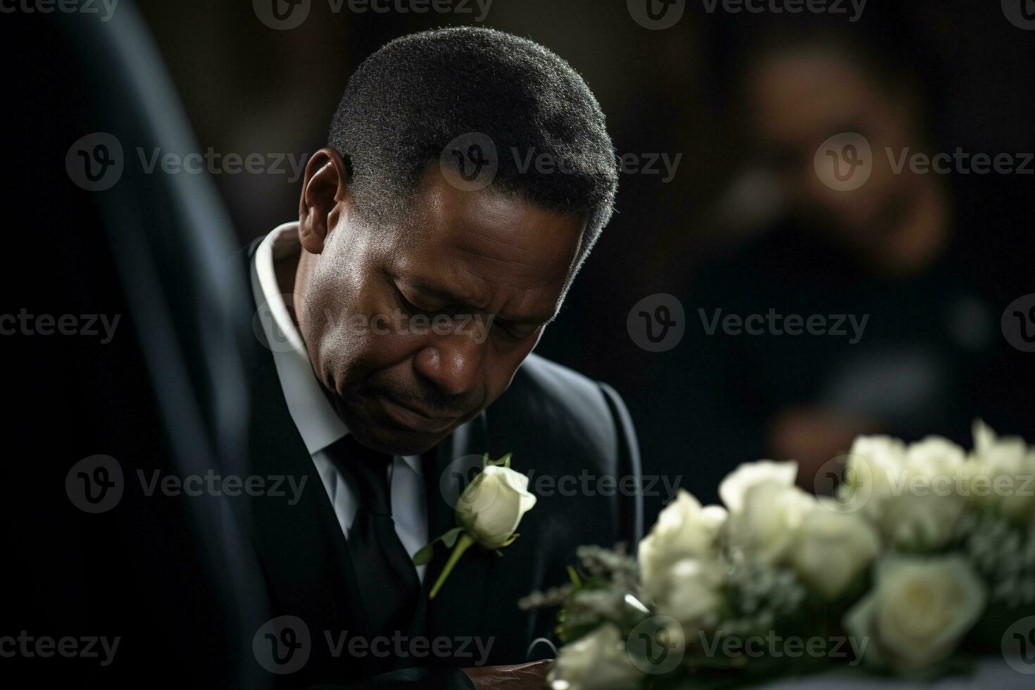 closeup shot of a senior man in front of a funeral bouquet AI generated photo