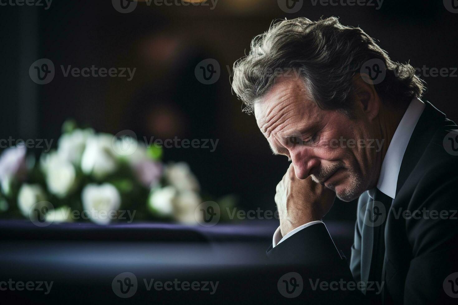 closeup shot of a senior man in front of a funeral bouquet AI generated photo