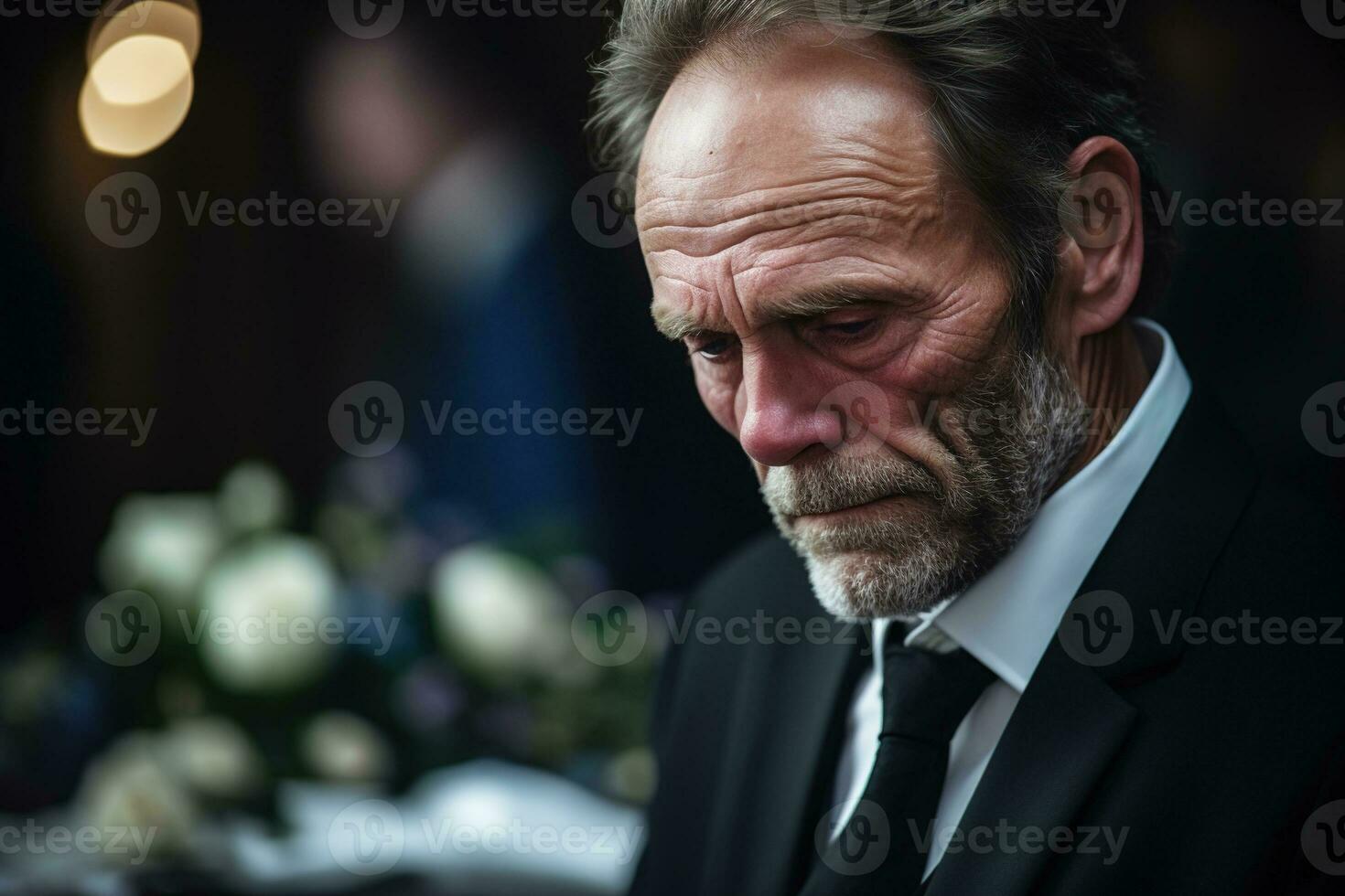 closeup shot of a senior man in front of a funeral bouquet AI generated photo