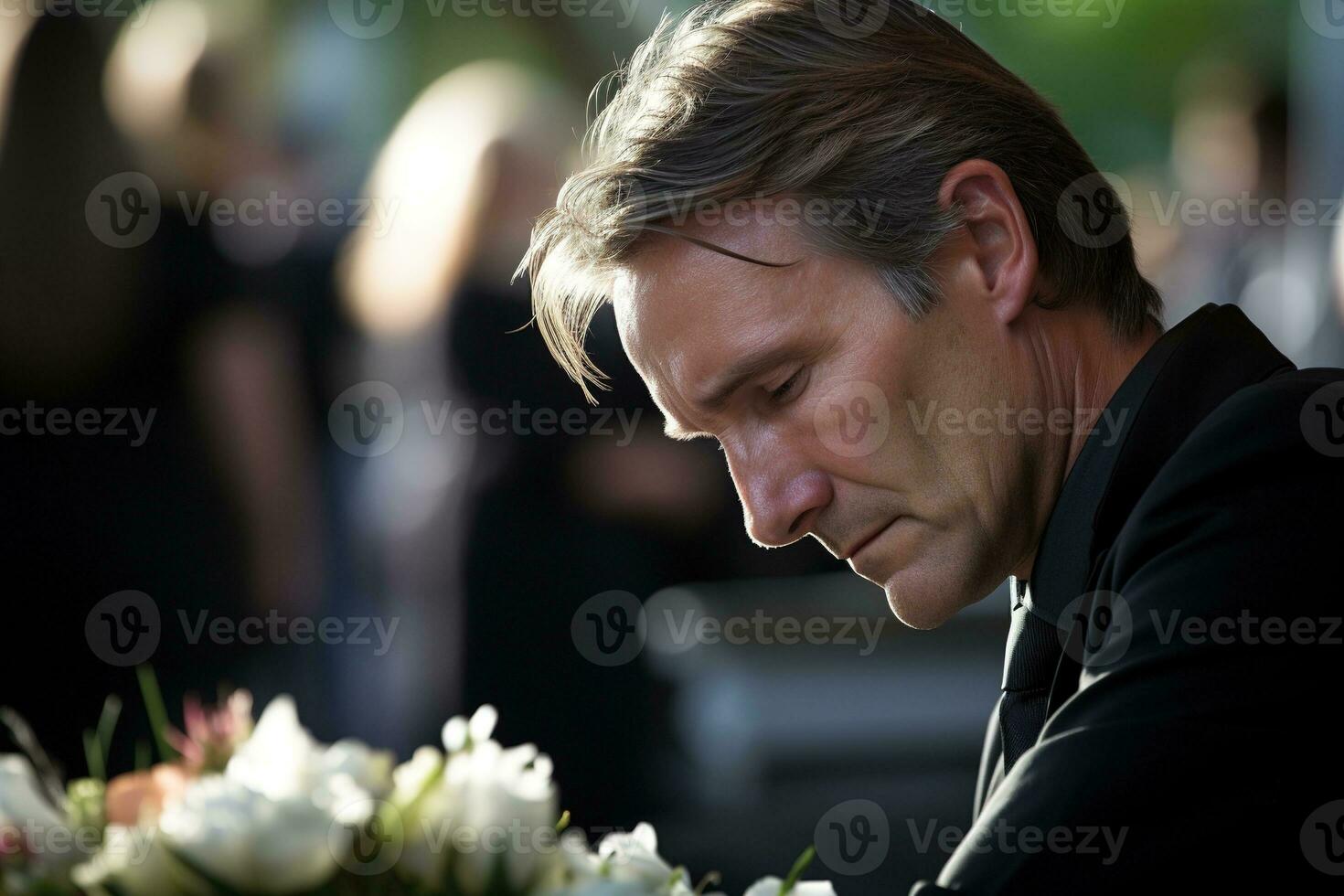 closeup shot of a senior man in front of a funeral bouquet AI generated photo