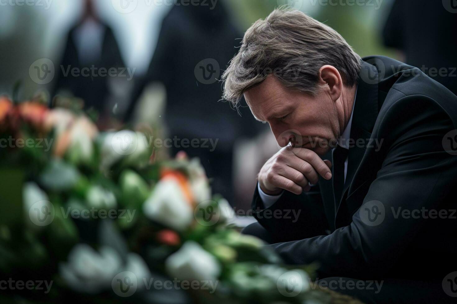 de cerca Disparo de un mayor hombre en frente de un funeral ramo de flores ai generado foto