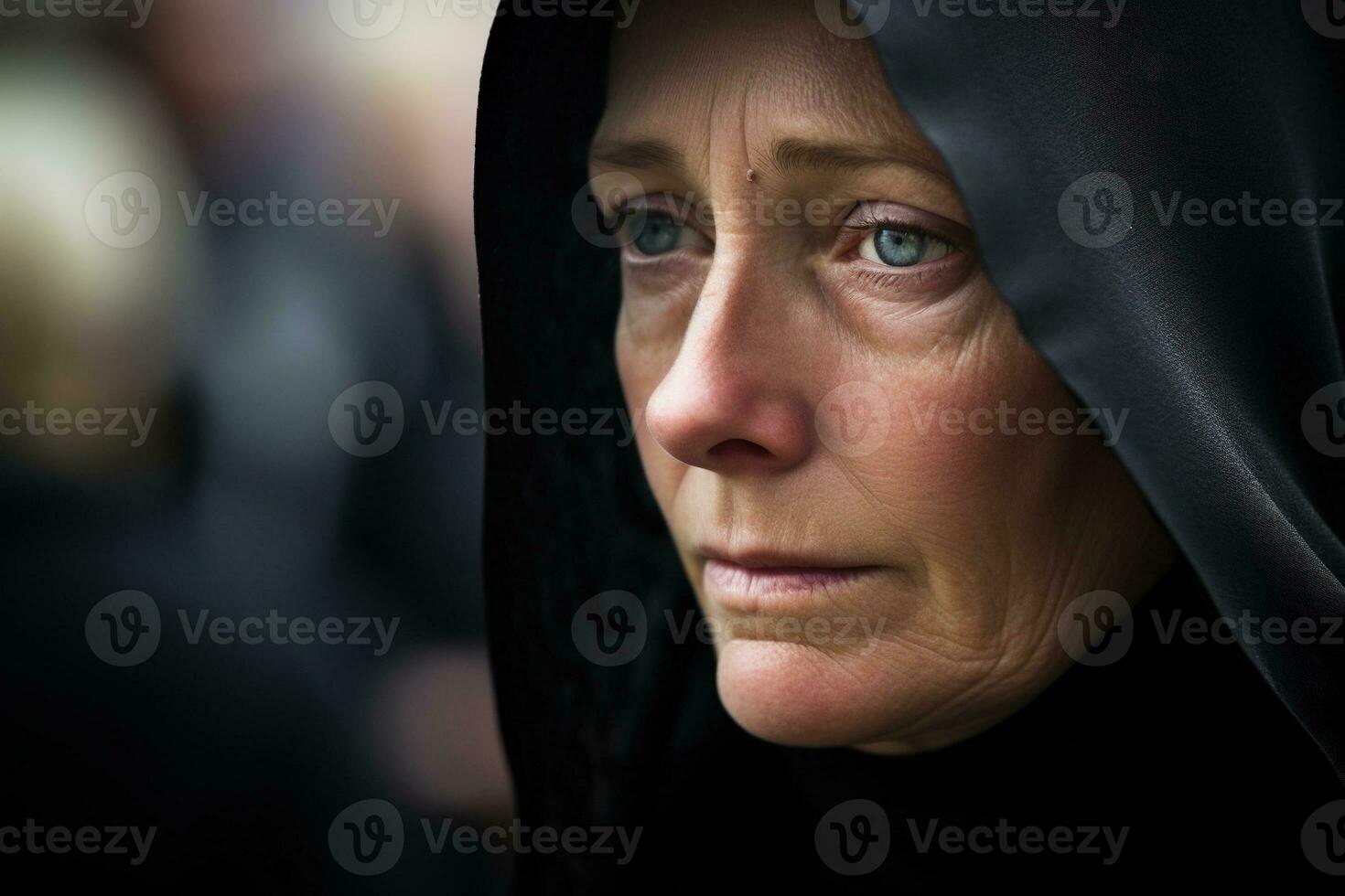 Portrait of a sad woman with a funeral bouquet of flowers AI generated photo