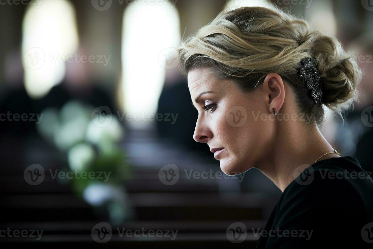 Portrait of a sad woman with a funeral bouquet of flowers AI generated photo