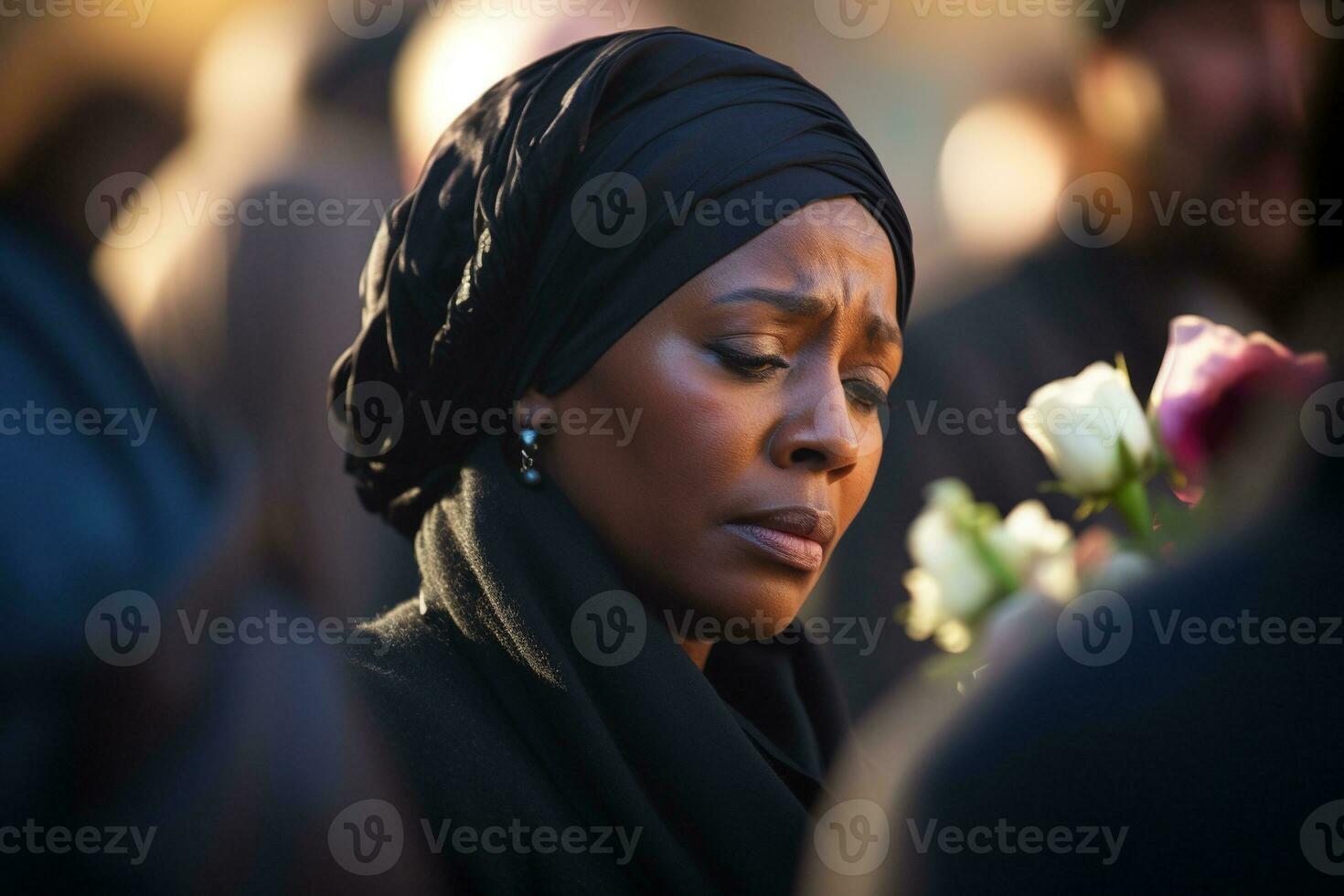 Portrait of a sad woman with a funeral bouquet of flowers AI generated photo