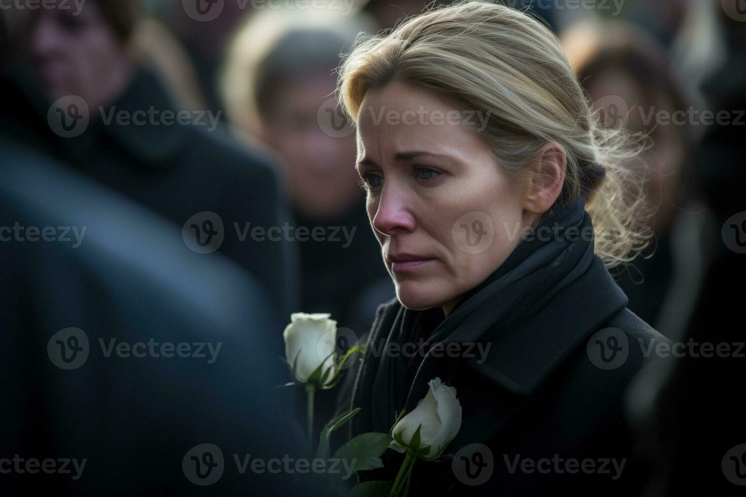 Portrait of a sad woman with a funeral bouquet of flowers AI generated photo