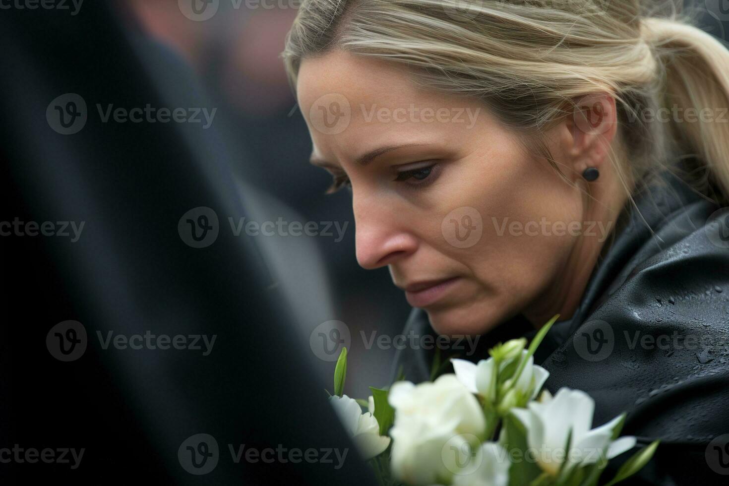 Portrait of a sad woman with a funeral bouquet of flowers AI generated photo