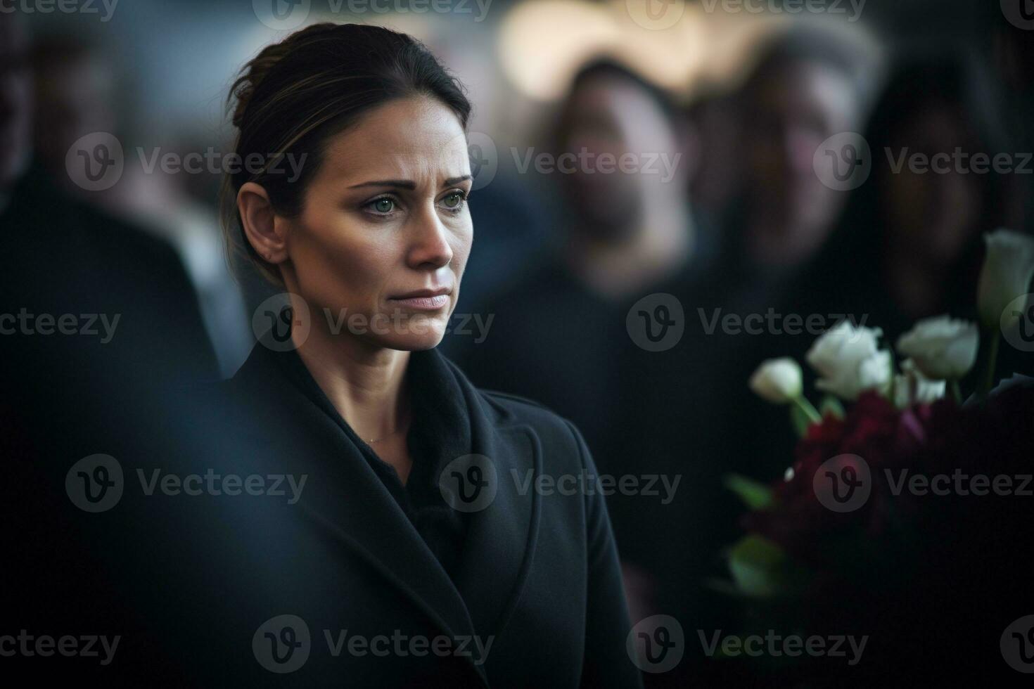 Portrait of a sad woman with a funeral bouquet of flowers AI generated photo