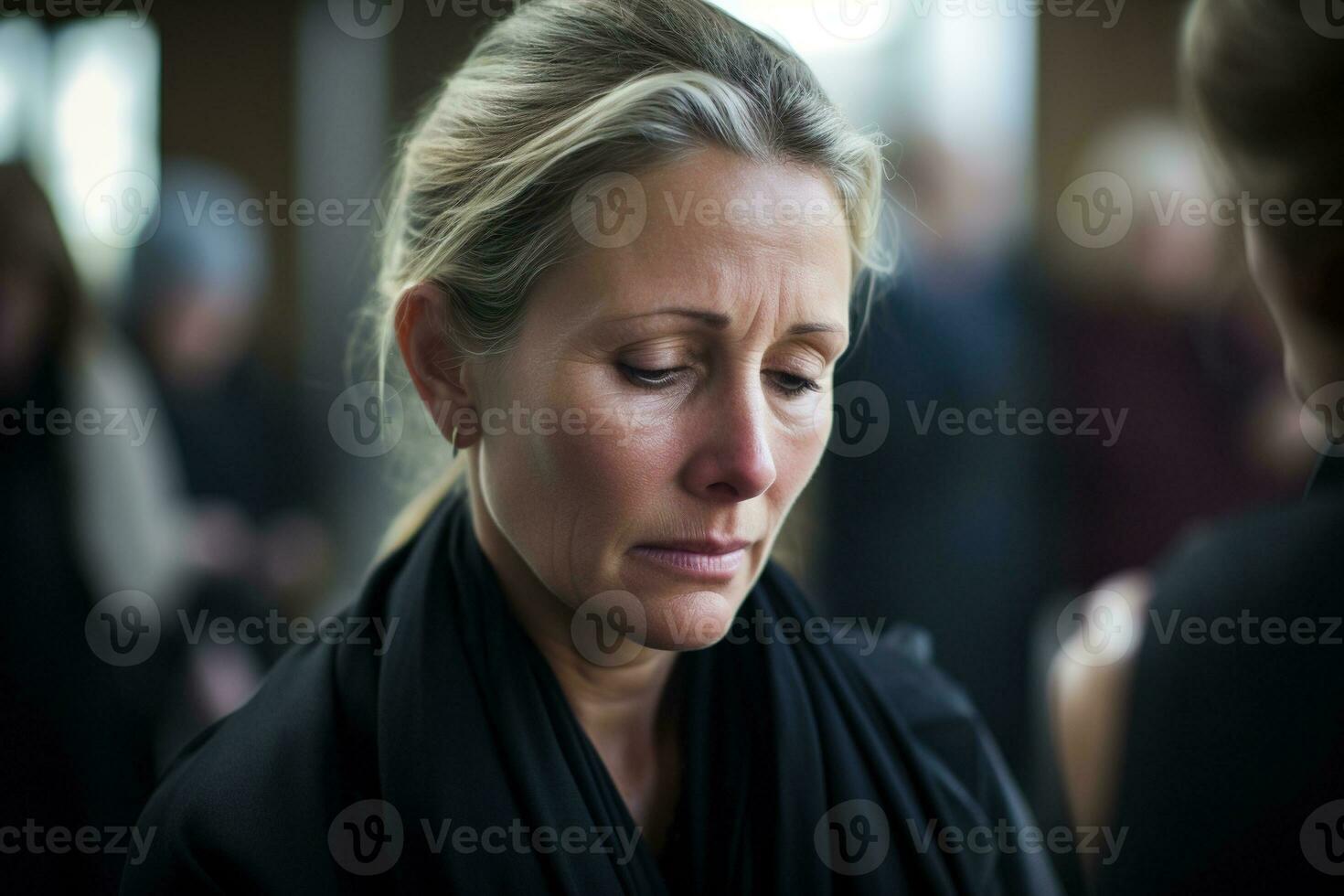 Portrait of a sad woman with a funeral bouquet of flowers AI generated photo