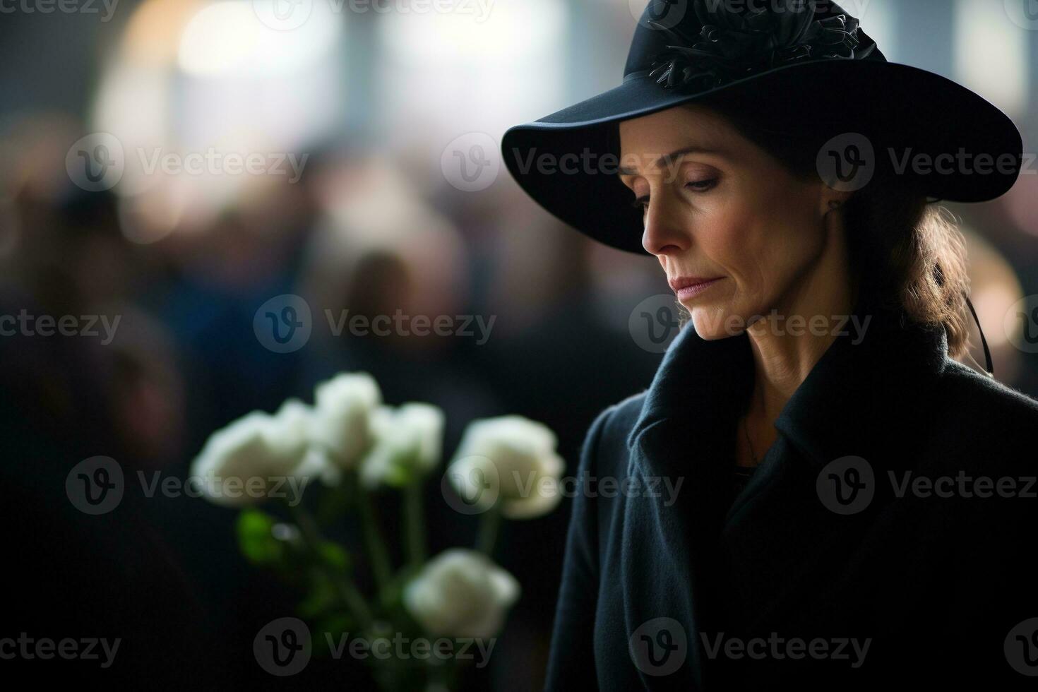 Portrait of a sad woman with a funeral bouquet of flowers AI generated photo