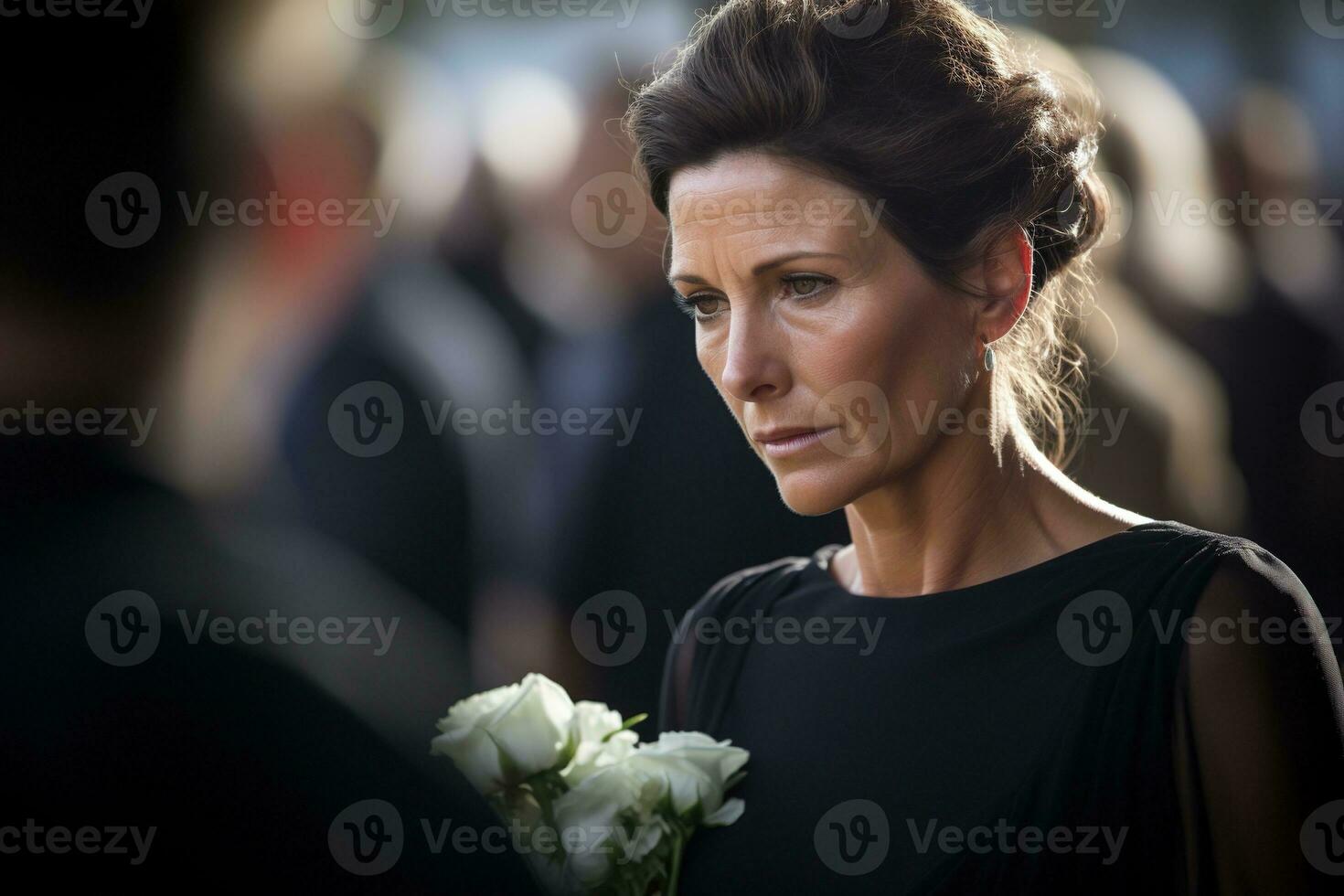 Portrait of a sad woman with a funeral bouquet of flowersAI generated photo
