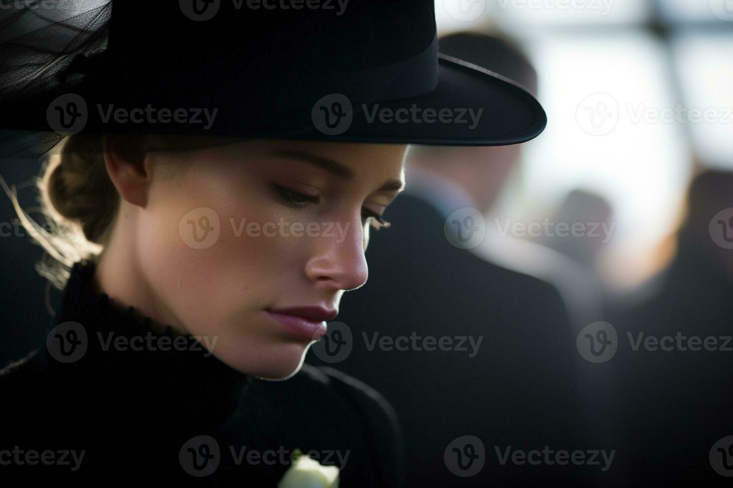 Portrait of a sad woman with a funeral bouquet of flowersAI generated photo