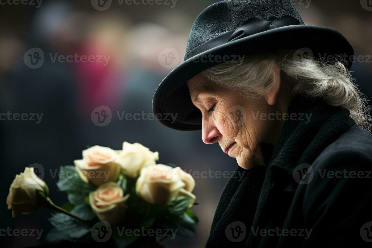 Portrait of a sad woman with a funeral bouquet of flowersAI generated photo