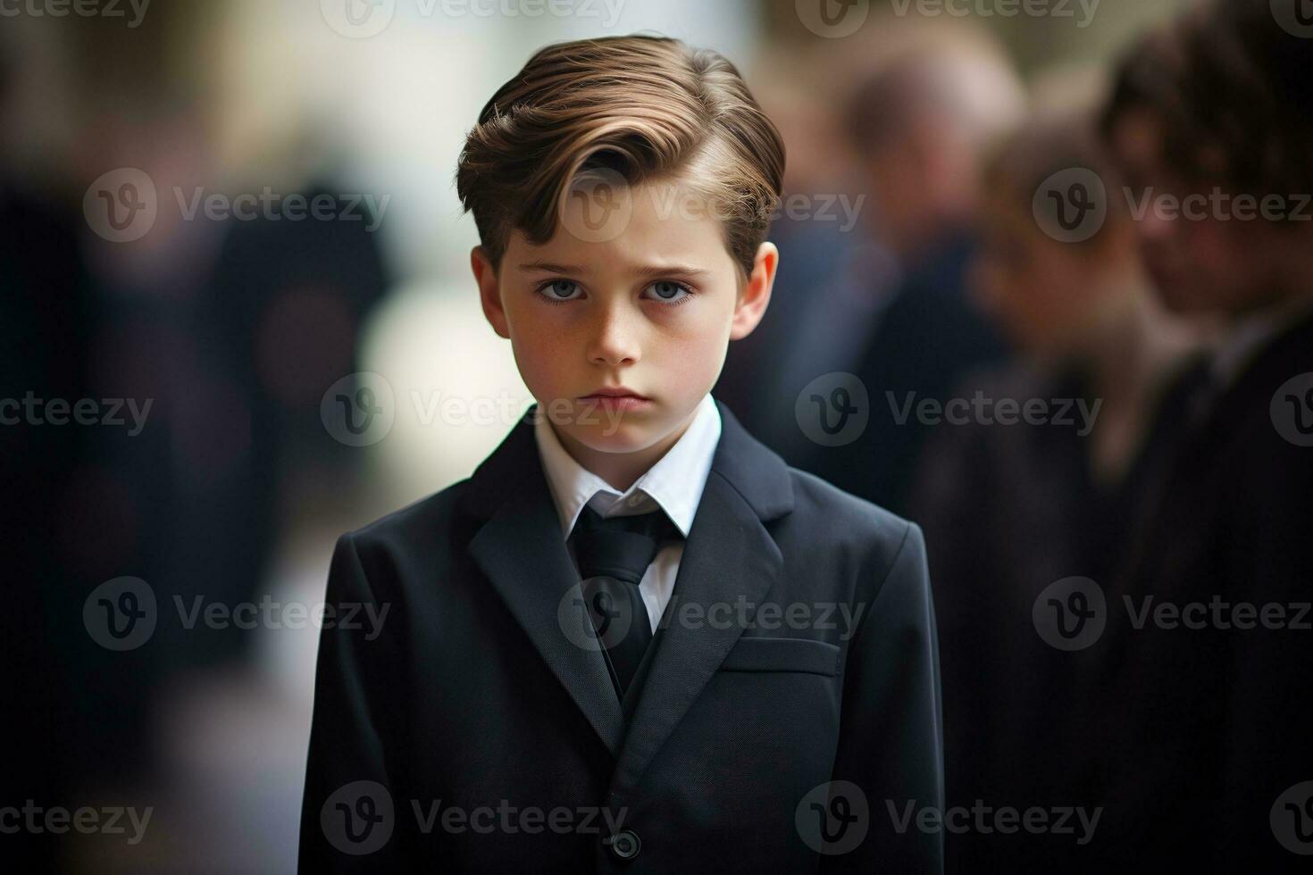 Portrait of a boy in a black suit with a funeral bouquet of flowers AI generated photo